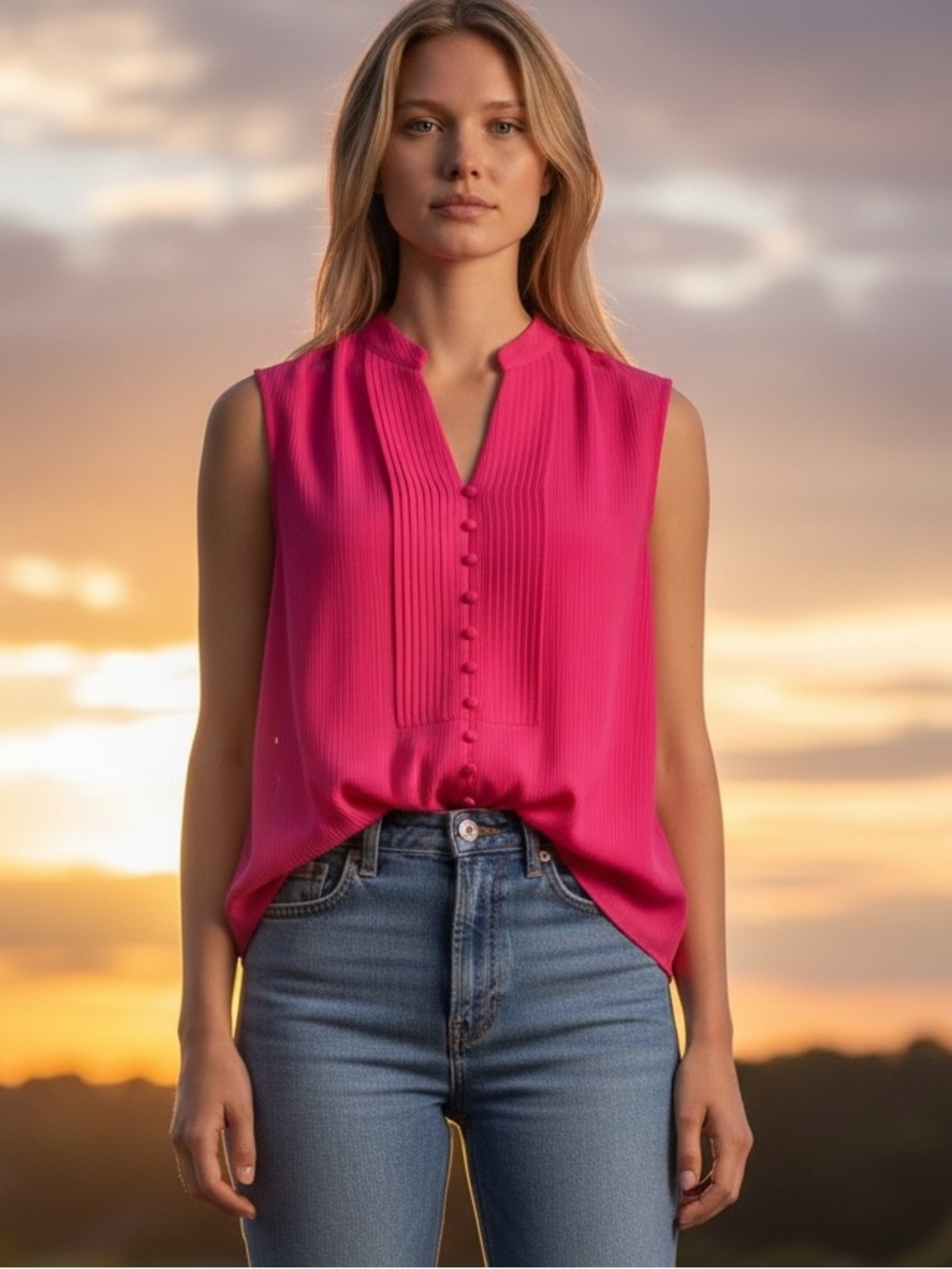 Calvin Klein Plus Size 2X Bright Pink Sleeveless Blouse Flowy Button Front
